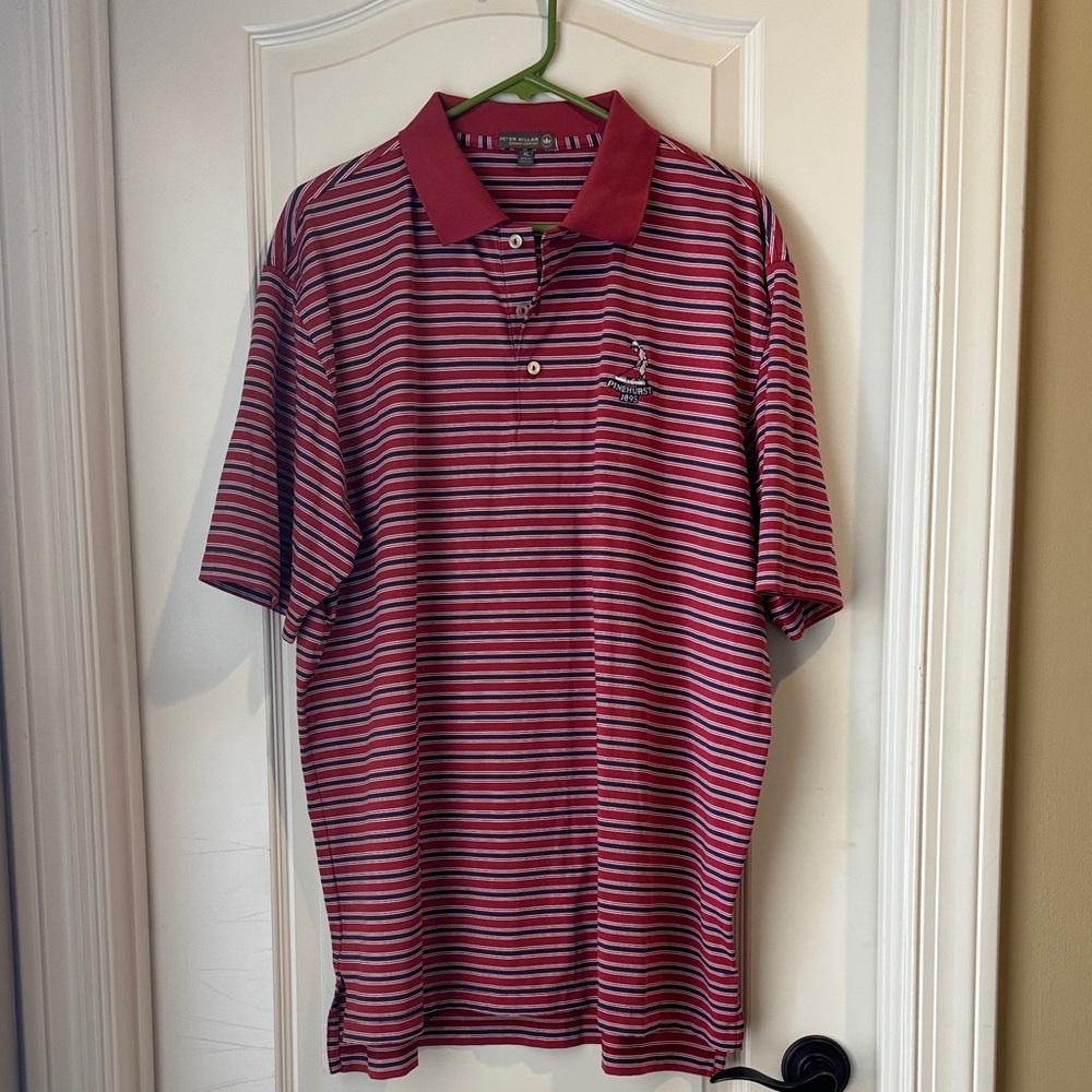 Peter Millar Striped Red Polo Shirt with Pinehurst Logo